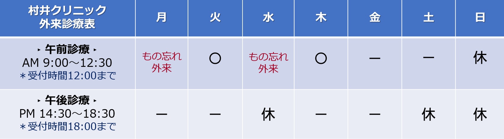 内科 外来診療表-村井クリニック